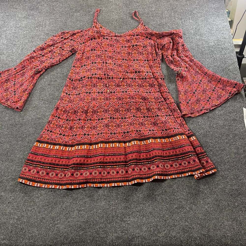Xhilaration Boho Cold Shoulder Bell Sleeve Dress Red Orange